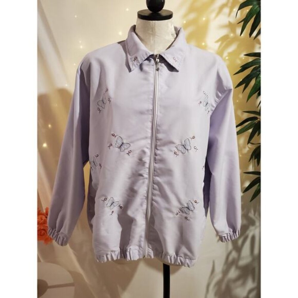 Keneth Too! Vtg Embroidered Butterfly Zip Jacket Womens Size XL Purple Pockets